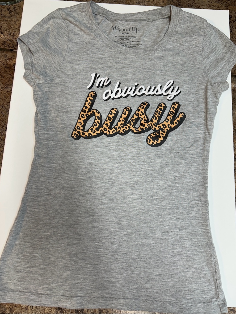 Wound Up Girls' Gray Tee with Leopard 'busy' Script